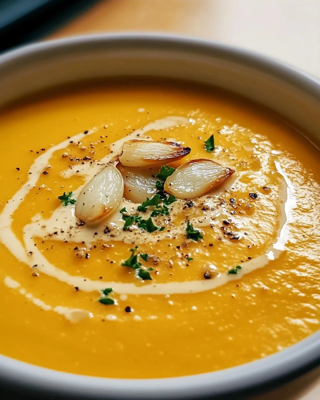 Aromatische Hokkaido Kürbissuppe mit geröstetem Knoblauchöl