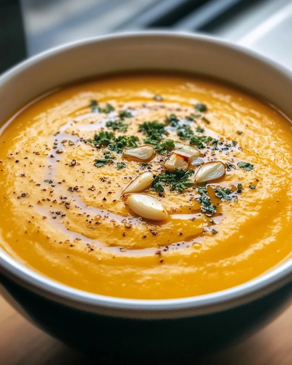 Aromatische Hokkaido Kürbissuppe mit geröstetem Knoblauchöl