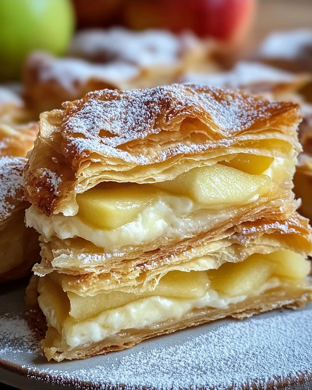 Blätterteigkuchen mit Puddingcreme und Apfel