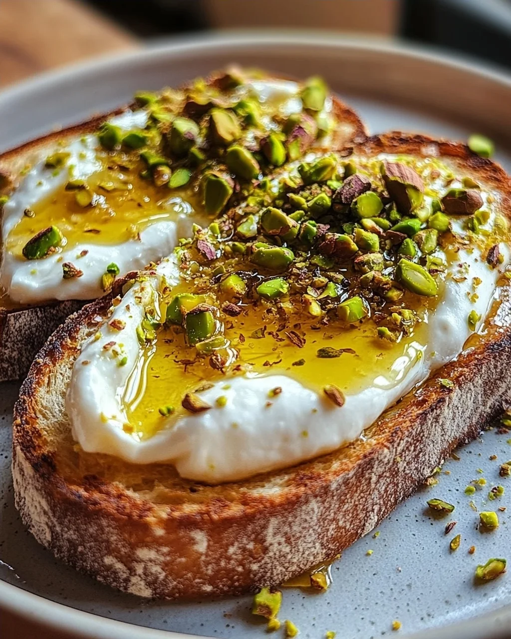 Burrata-Toast mit Pistazien und heißem Honig