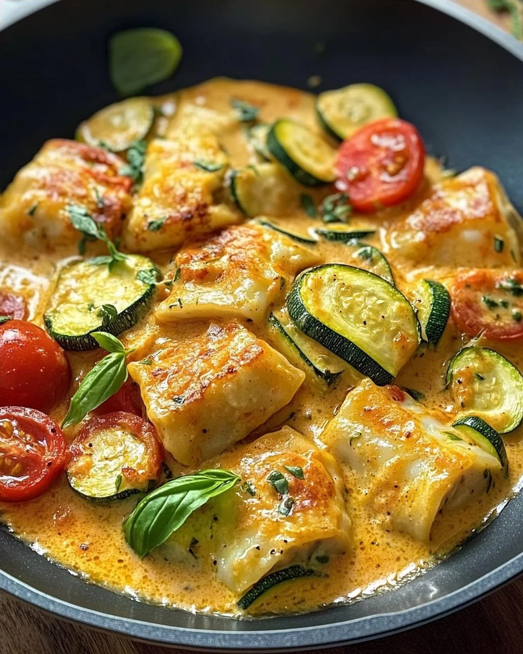 Cremige Maultaschenpfanne mit Zucchini und Tomaten genießen