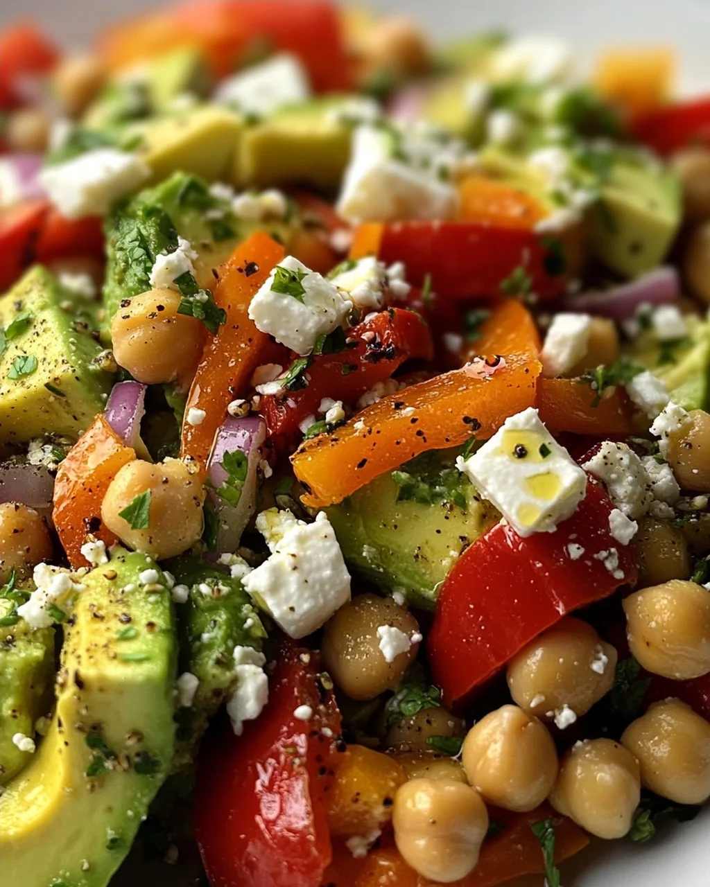 Kichererbsen-Feta-Avocado-Salat mit gerösteten Paprika