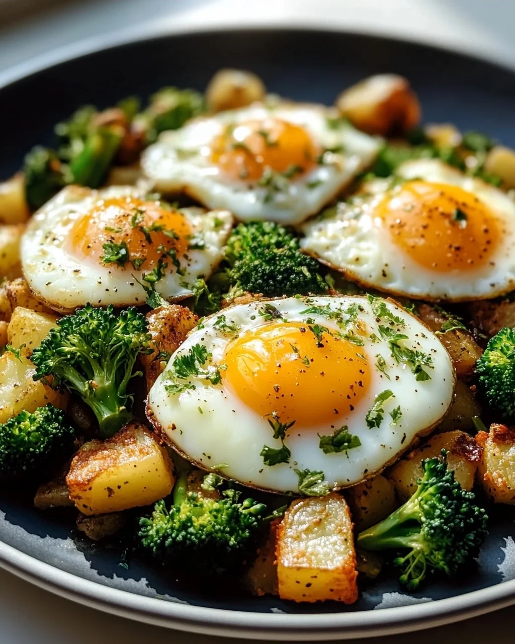 Leckeres Kartoffel-Brokkoli Frühstücks-Hash mit Spiegeleiern