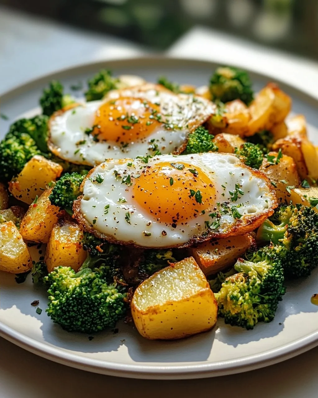Leckeres Kartoffel-Brokkoli Frühstücks-Hash mit Spiegeleiern