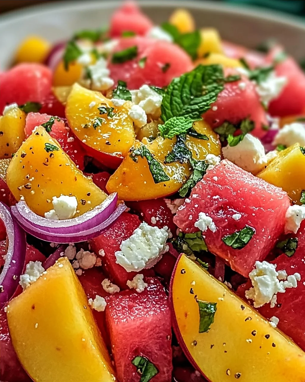 Pfirsich Wassermelonen Salat für heiße Sommertage