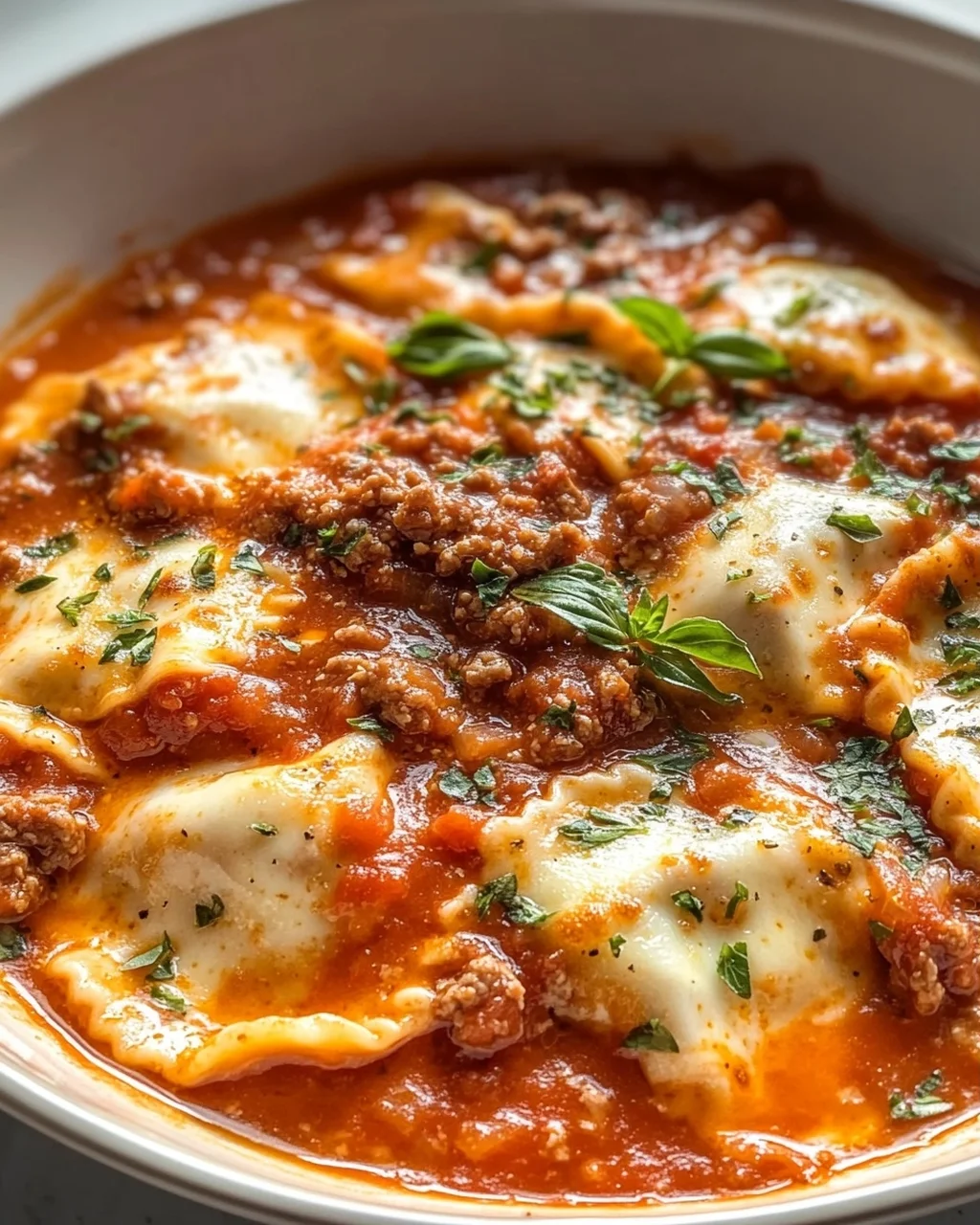 Pizzasuppe mit Hackfleisch & Ravioli in Tomatensahne-Sauce