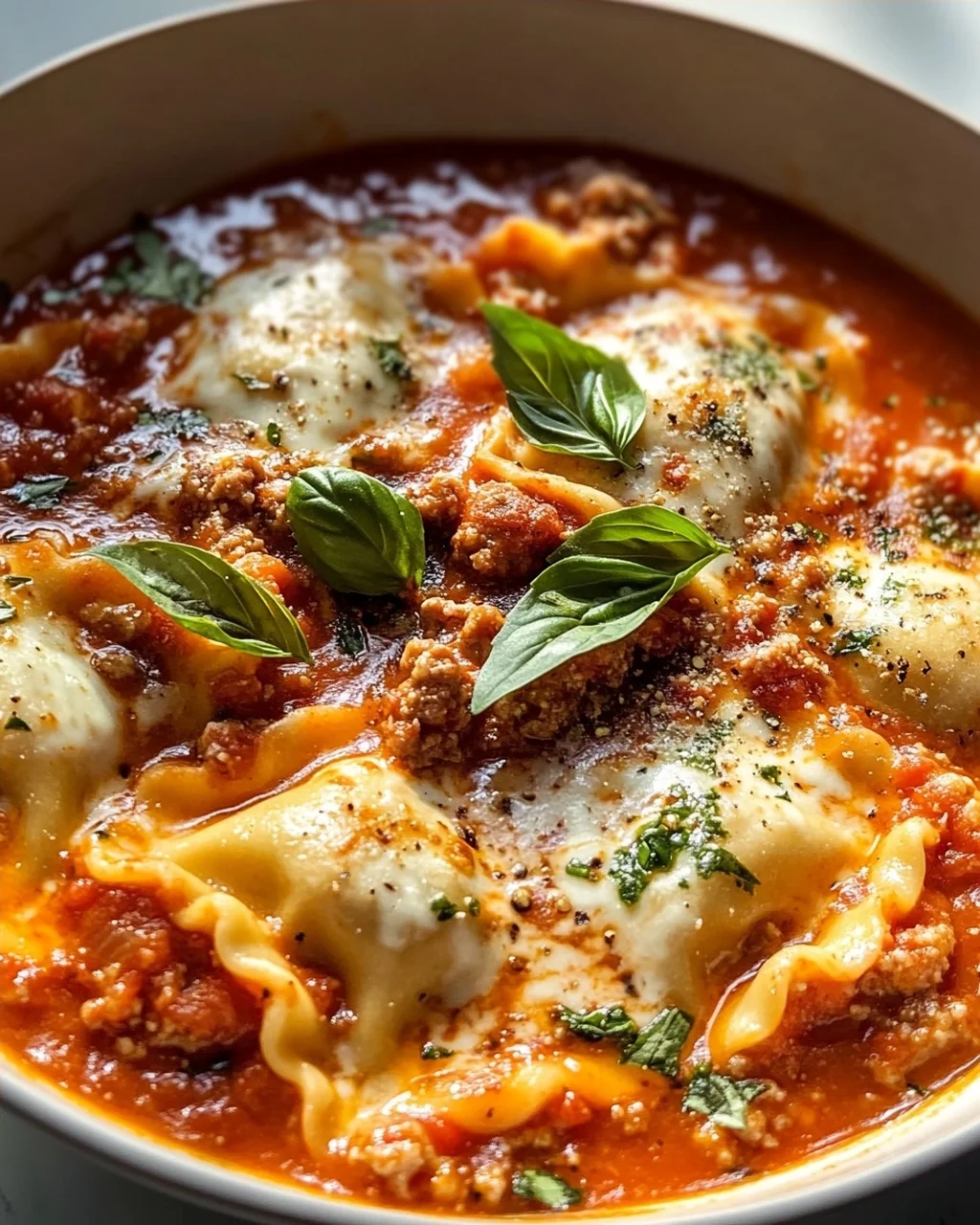 Pizzasuppe mit Hackfleisch & Ravioli in Tomatensahne-Sauce