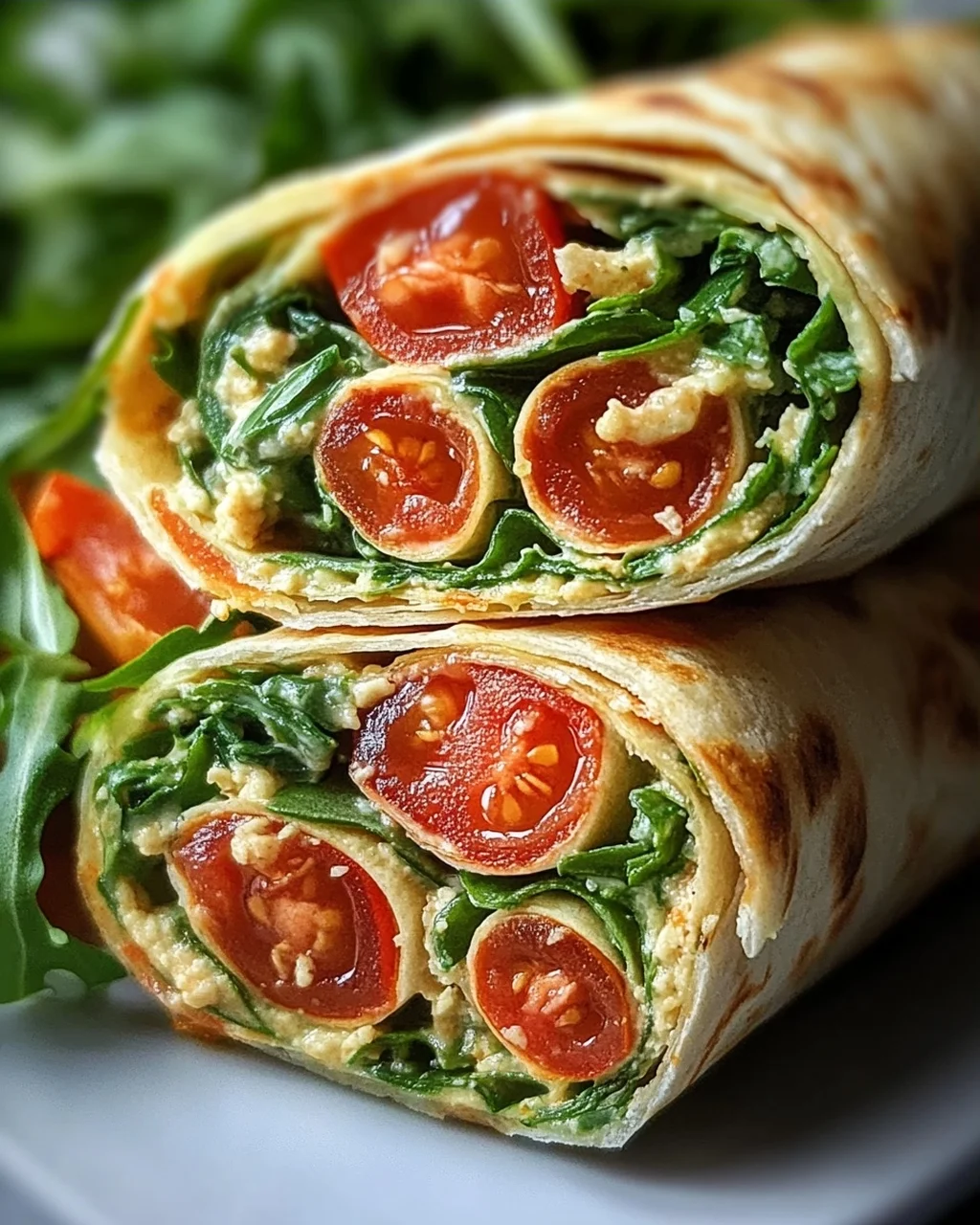 Vegetarische Wrap-Röllchen mit Rucola und Tomaten