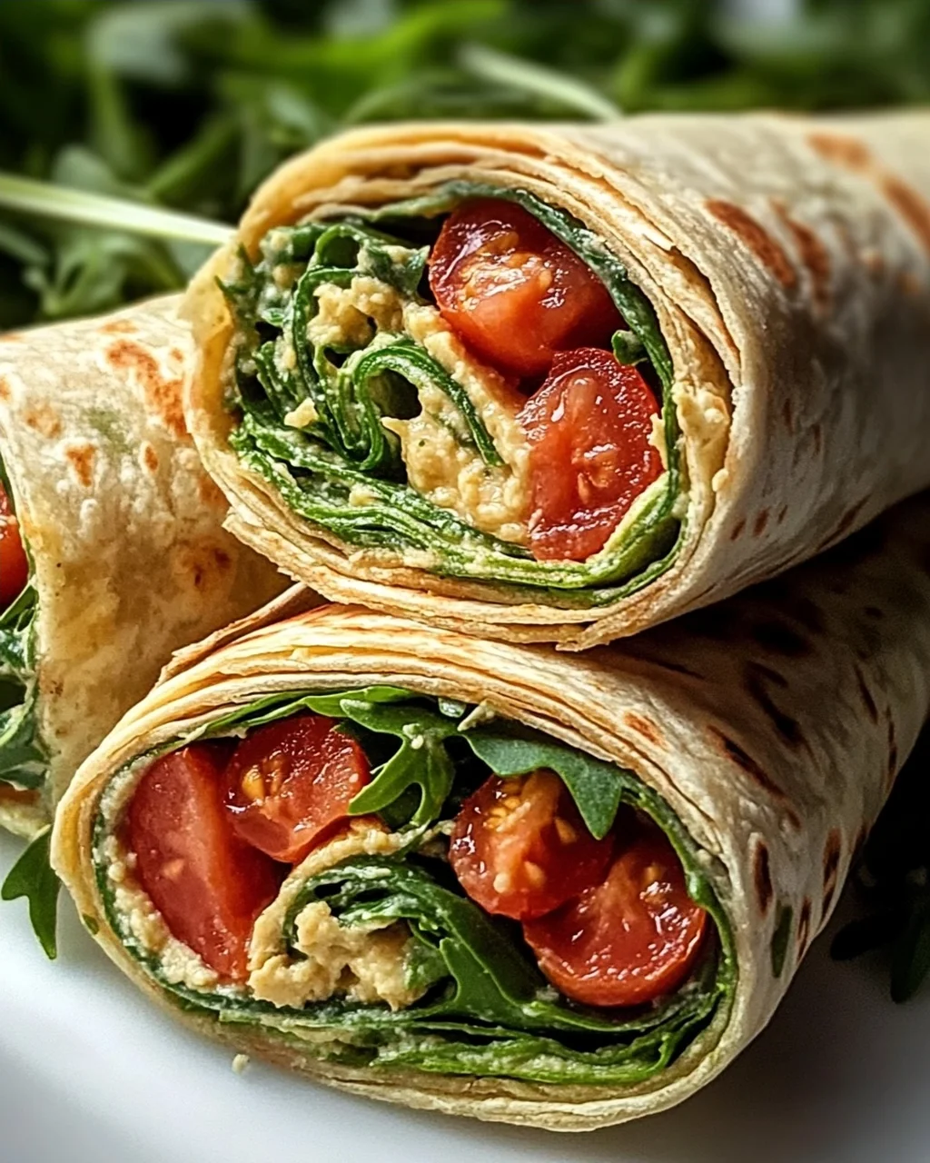 Vegetarische Wrap-Röllchen mit Rucola und Tomaten