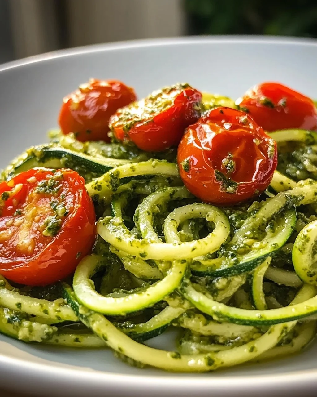 Zucchini Spaghetti mit Pesto & süßen Kirschtomaten – leicht & lecker!