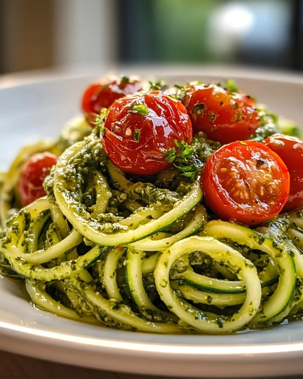Zucchini Spaghetti mit Pesto & süßen Kirschtomaten – leicht & lecker!